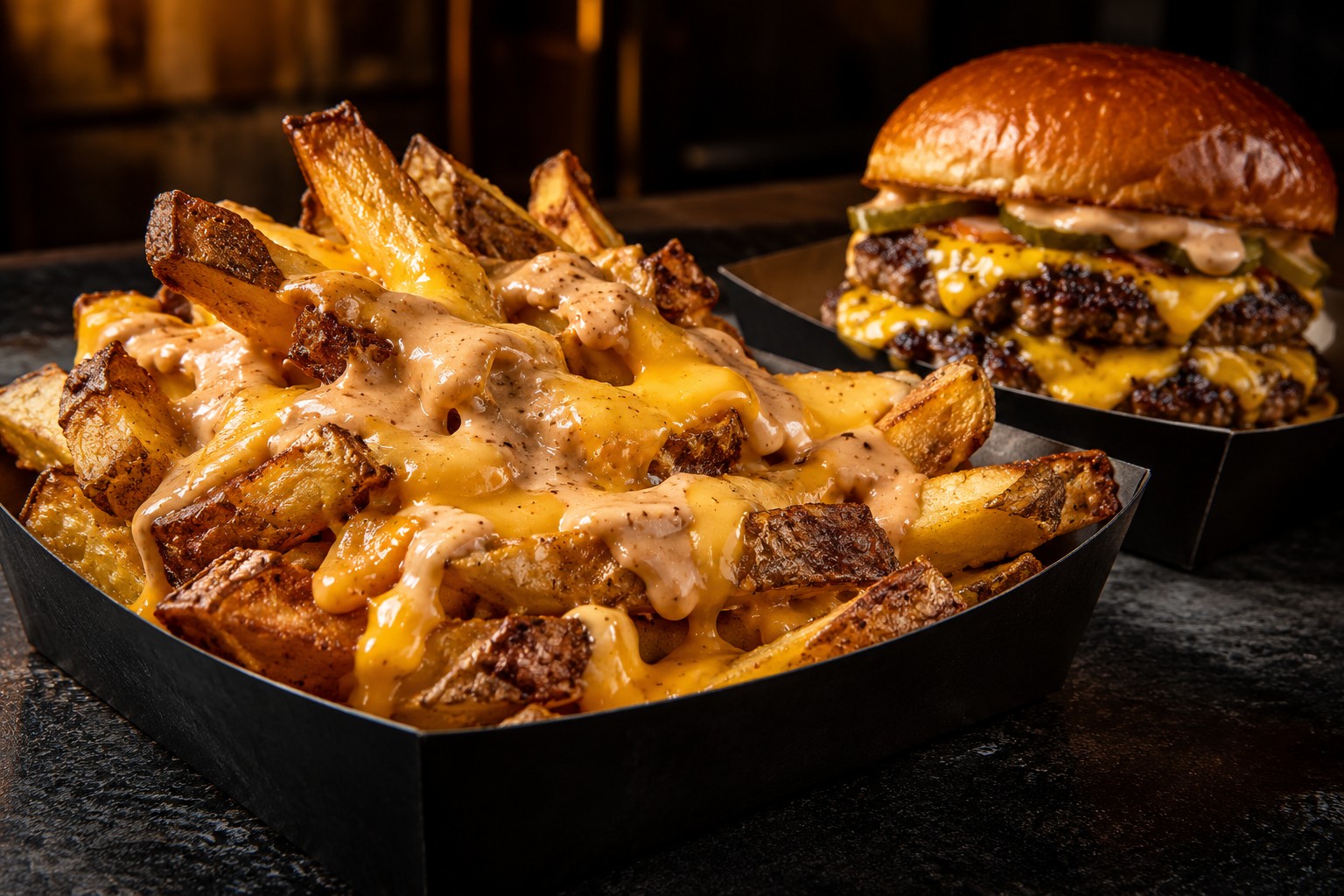 Loaded fries med burger, perfekt å dele rundt bordet