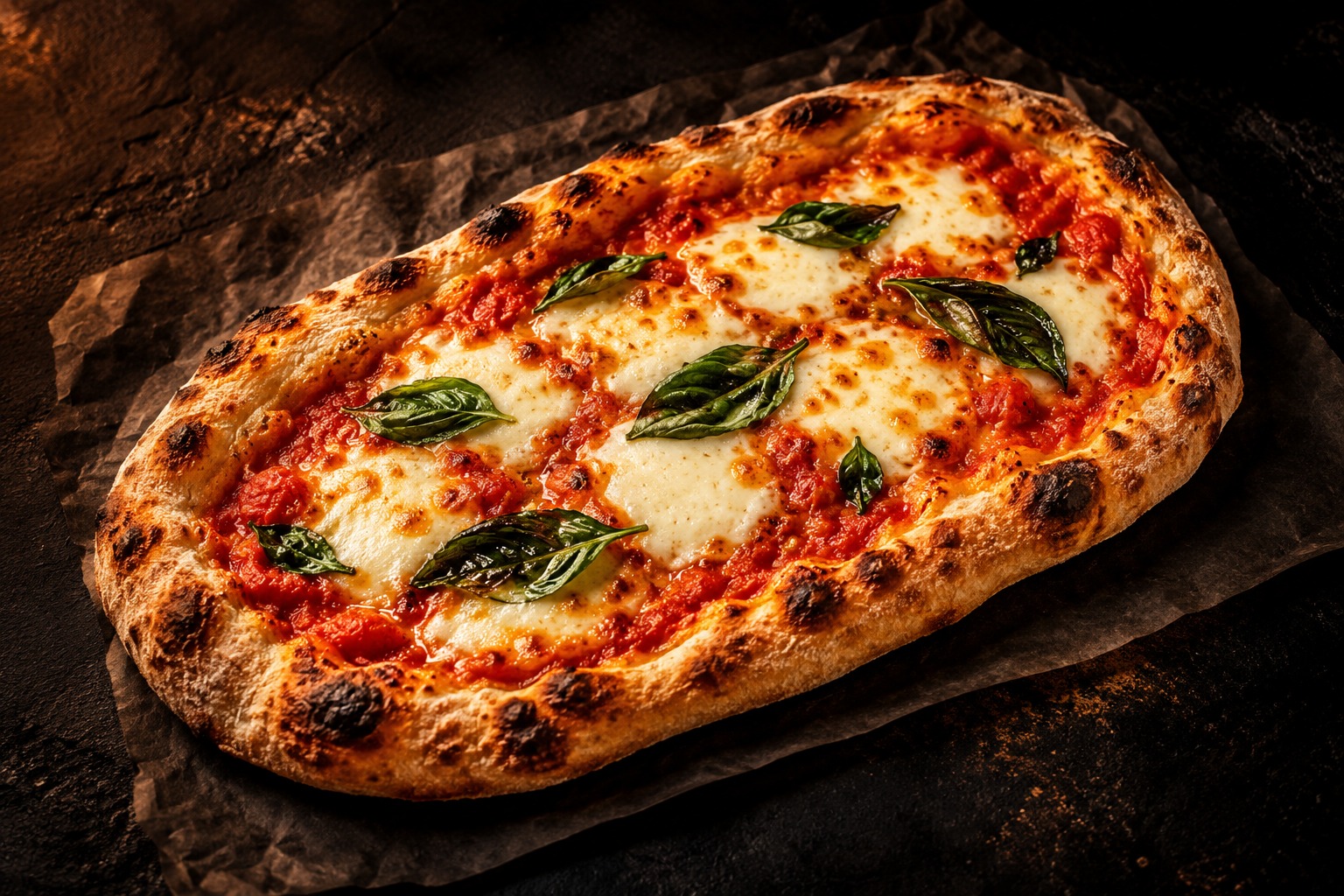 Oval pinsa med tomat, mozzarella og basilikum